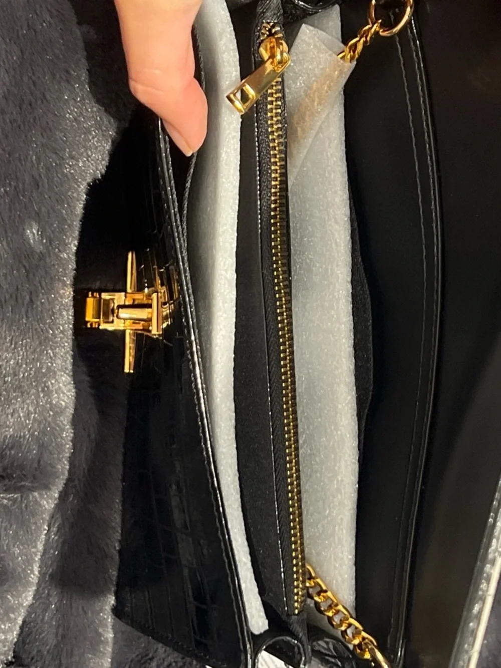 Aldo Black Croc-Embossed Patent Clutch Wallet with Gold Accent